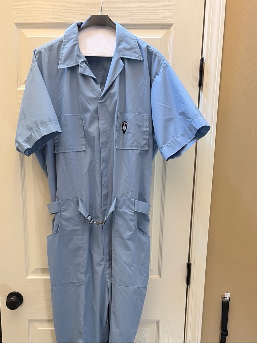 Light Blue 1980s Leisure Suit Short-Sleeve Utility Jumpsuit